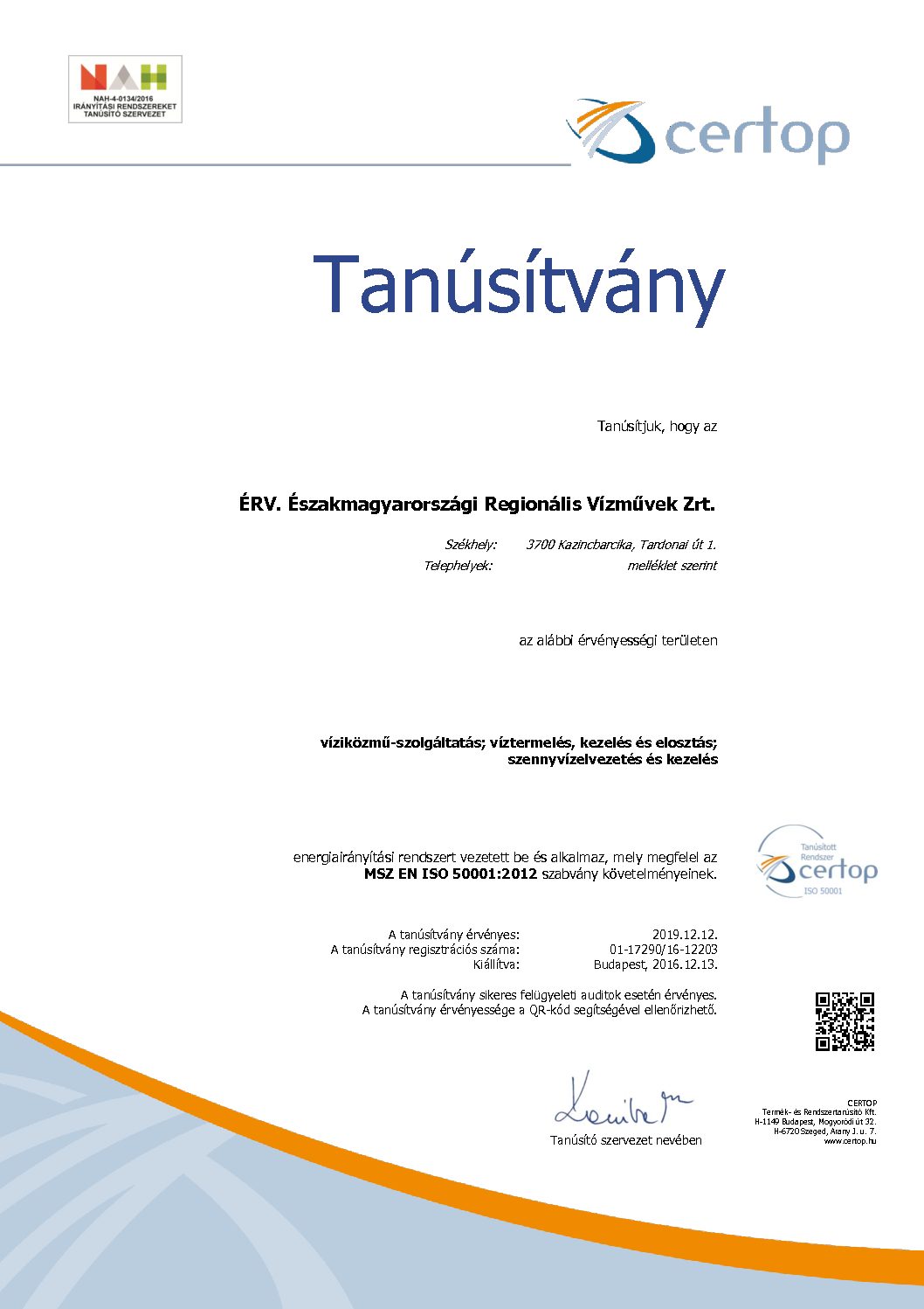 tanúsítvány HU17290-16 MSZ EN ISO 50001-2012 magyar